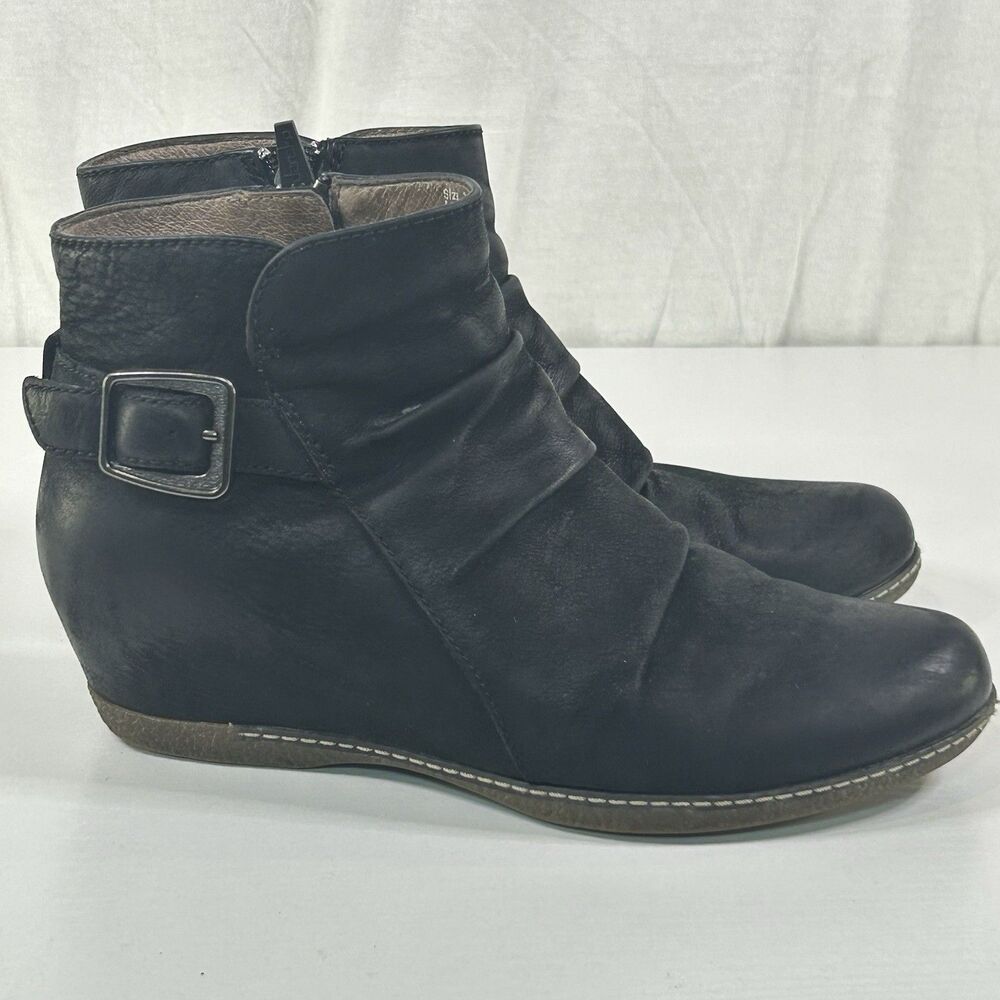 DANSKO Lia Burnished Nubuck Ruched Leather Wedge Zip Booties Women's EU37 US 6.5